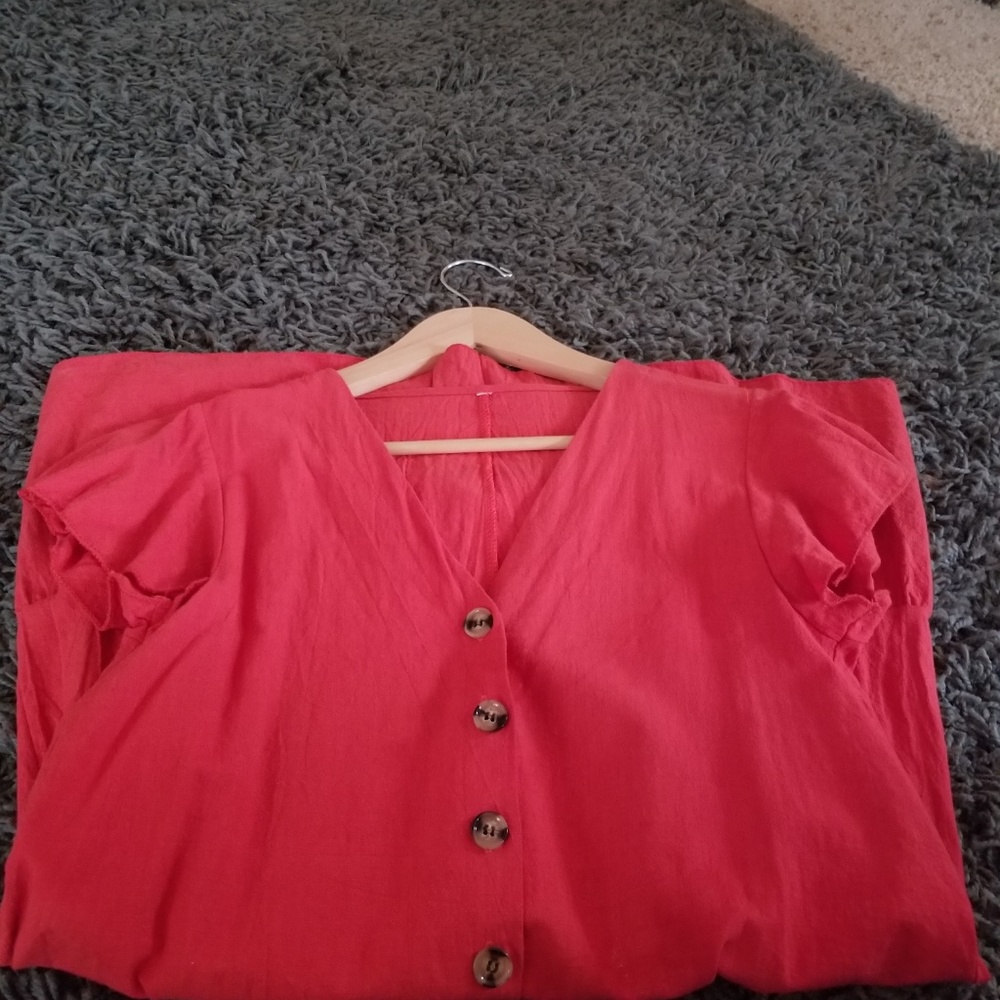 Cute Ruffle Red Button Up Mini Summer Dress Size M - Picture 2 of 3